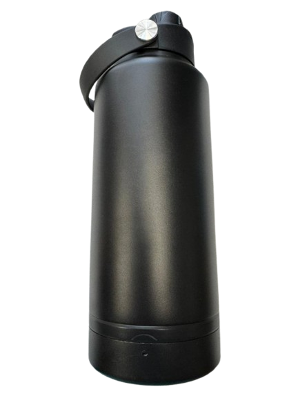 Black insulated bottle with silver cap on a white background